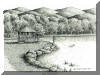 Lake Tomahawk, Black Mountain, NC; pen & ink drawing by Lee James Pantas