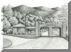 Montreat Gate, Black Mountain, NC; pen & ink drawing by Lee James Pantas