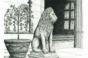 Biltmore House Entrance Lion detail, pen & ink drawing by Lee James Pantas
