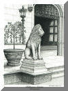 Biltmore House Entrance Lion,  pen & ink drawing by Lee James Pantas